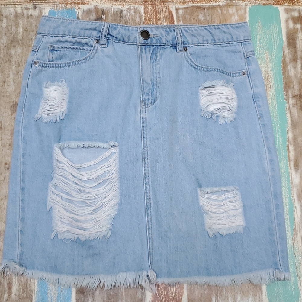 Life in Progress Destroyed Fray Denim Skirt